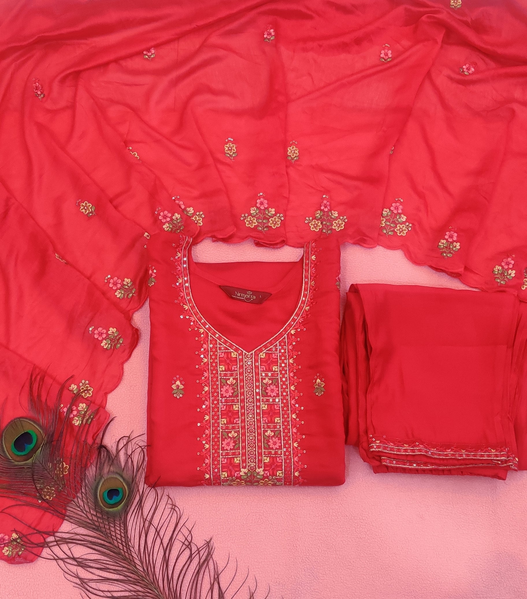 Silk Cotton Red color embroidery kurti suit set with bottom and dupatta