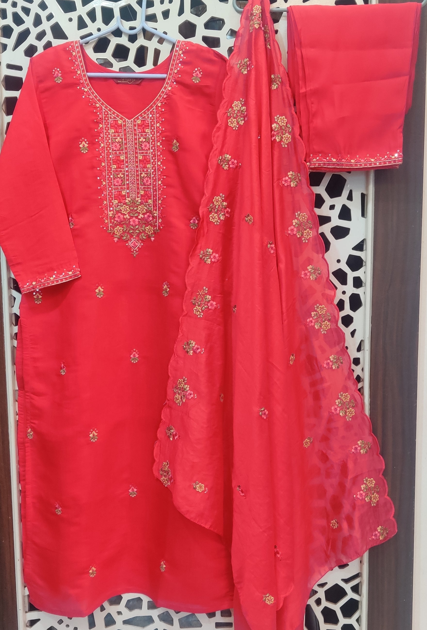 Silk Cotton Red color embroidery kurti suit set with bottom and dupatta