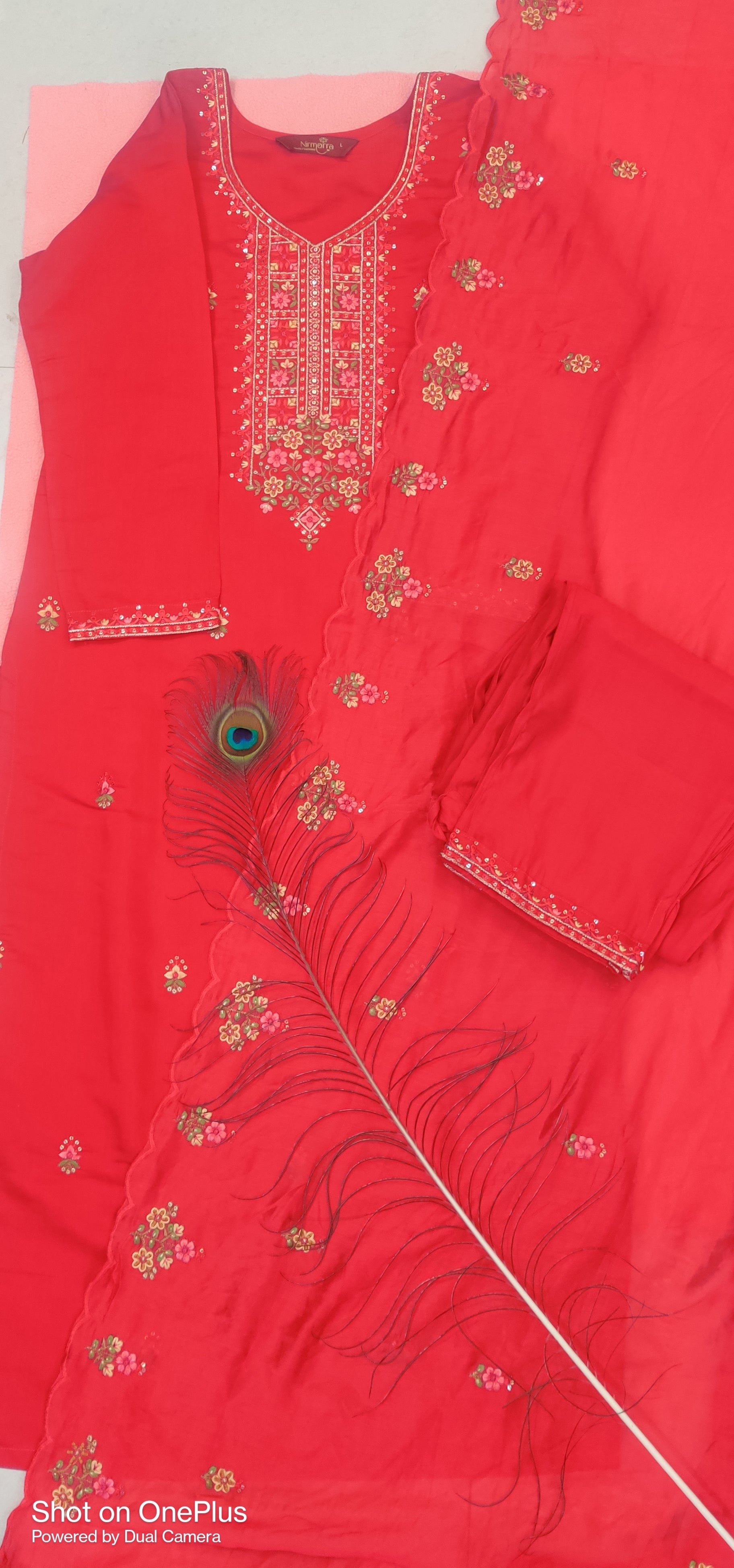 Silk Cotton Red color embroidery kurti suit set with bottom and dupatta